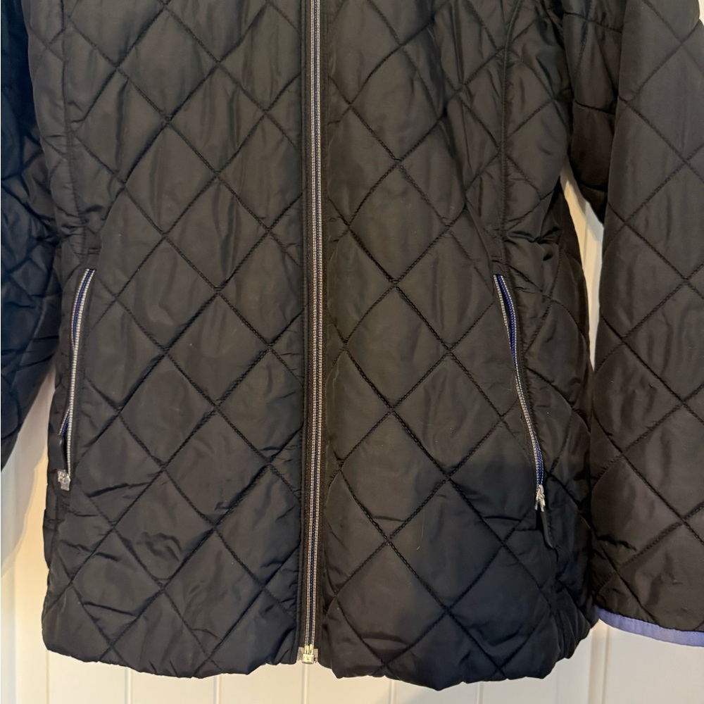 Lands' End Women's Black Puffer Jacket with Blue Hood - Picture 3 of 4